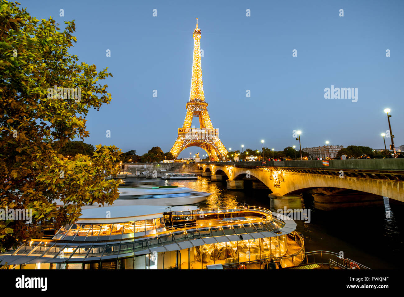 PARIS, FRANCE August 31, 2018 Night landscape view on the Eiffel