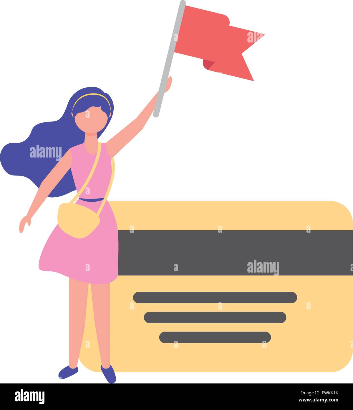 woman holding red flag and bank card business vector illustration Stock Vector