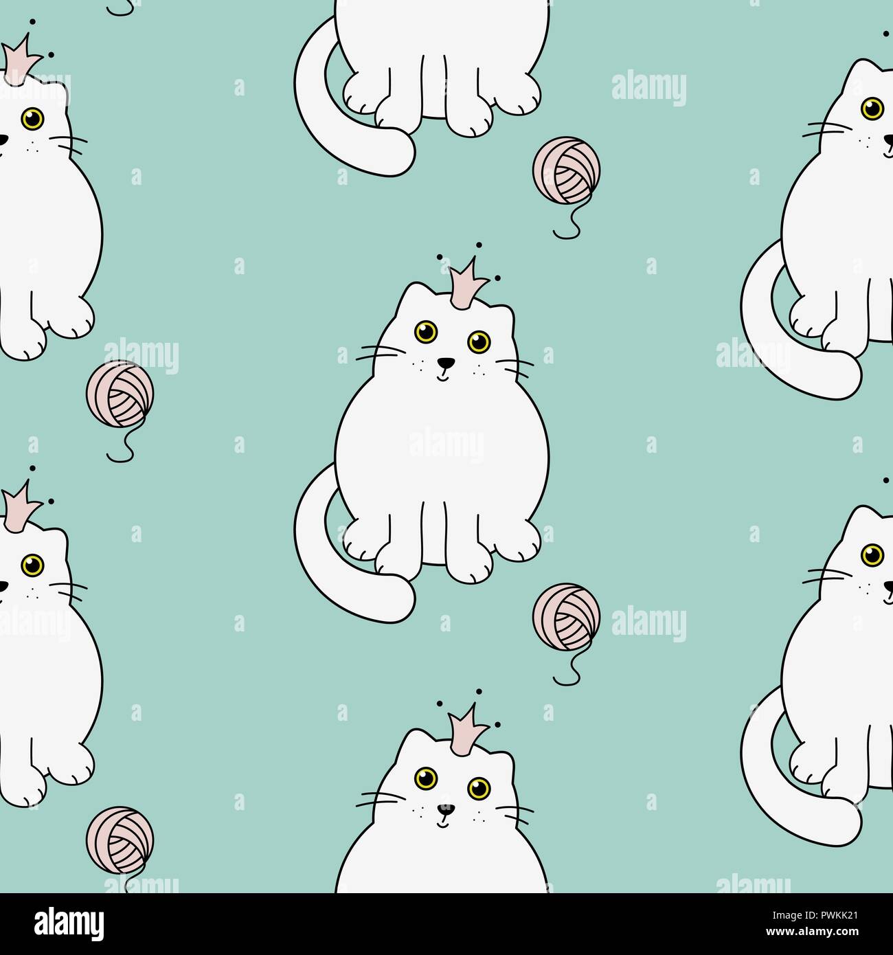 Cute kitty princess seamless vector pattern. White cats on green mint background. Stock Vector