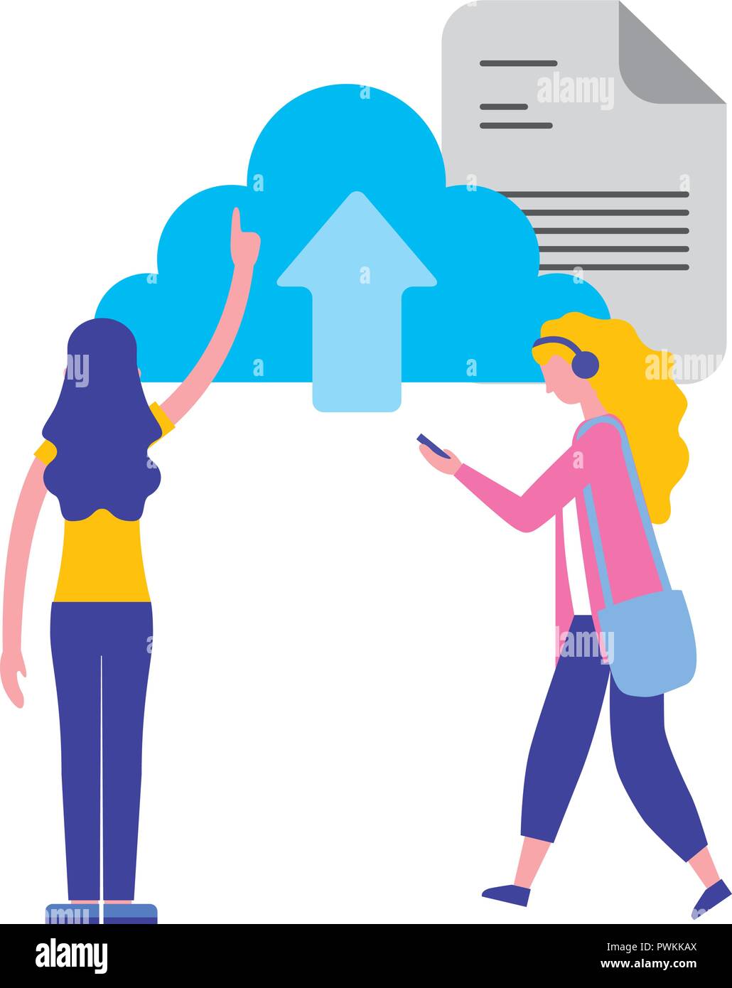 women cloud computing data upload document vector illustration Stock ...