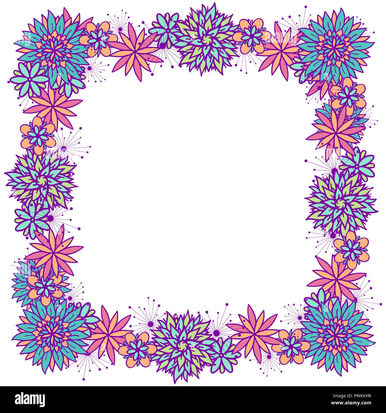 Beautiful vector doodle square floral frame with flowers in blue, pink ...