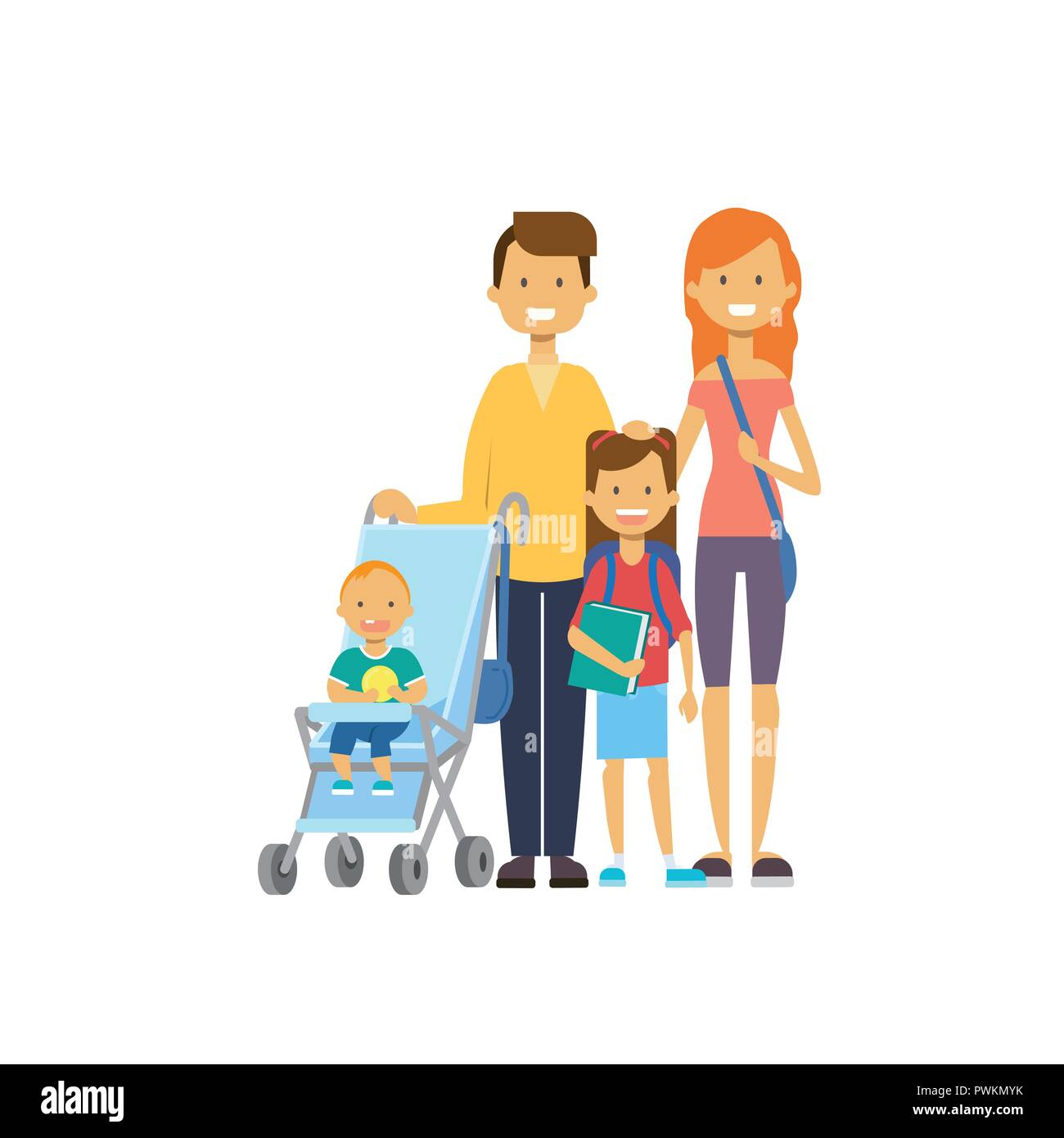 father mother daughter baby son in stroller full length avatar on white  background, successful family concept, flat cartoon Stock Vector Image &  Art - Alamy