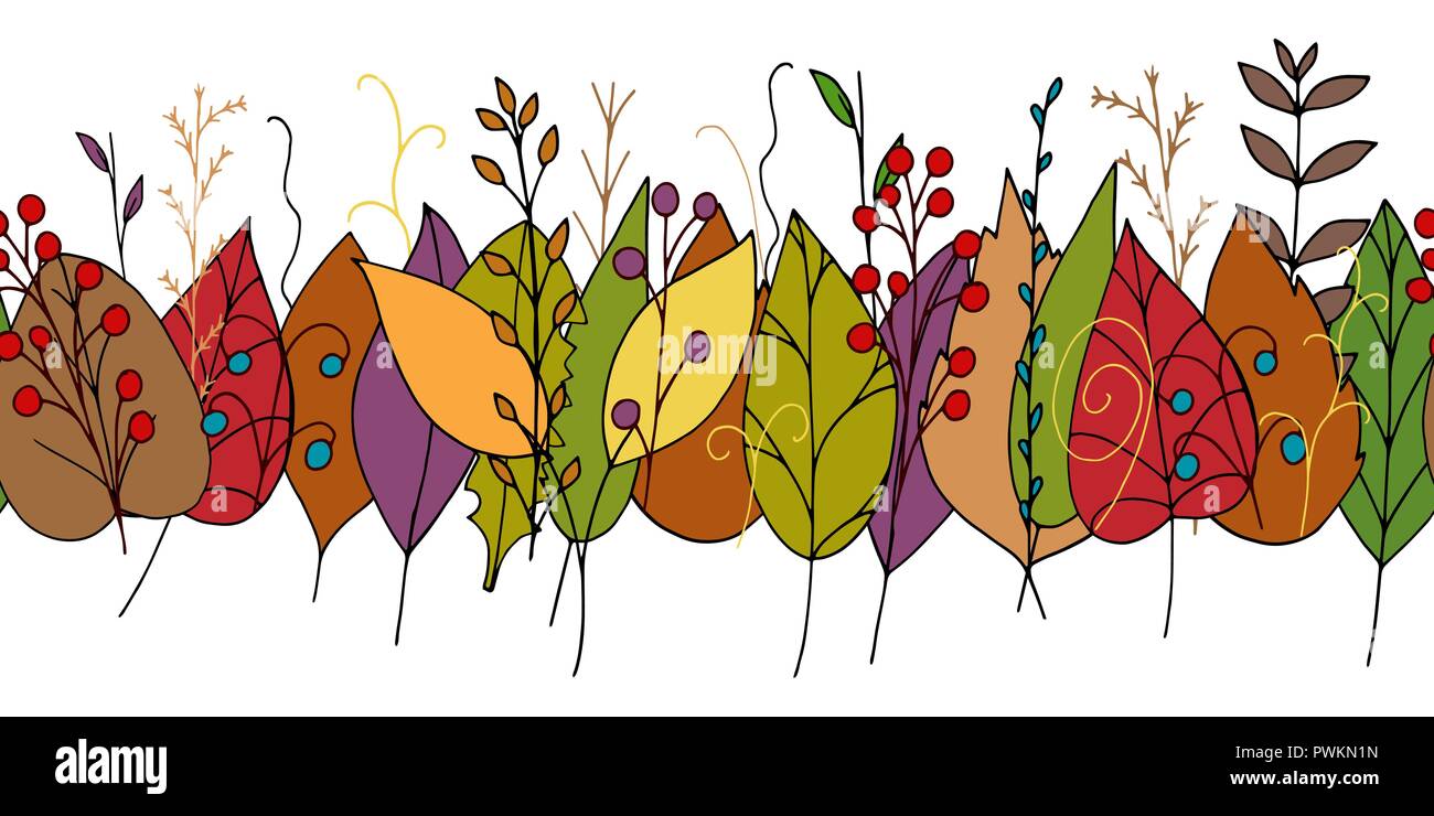 Vector doodle pattern with colorful autumn leaves on white background. Seamless border illustration with abstract fall plants and berries. Stock Vector