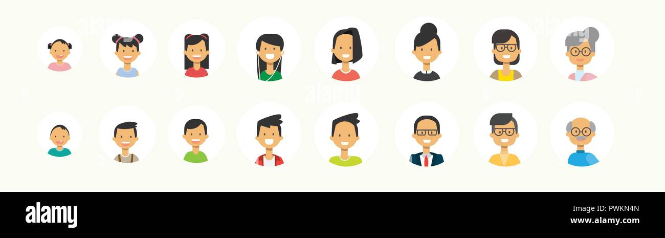set diverse people face human multi generation portrait on white background, female male avatar flat Stock Vector