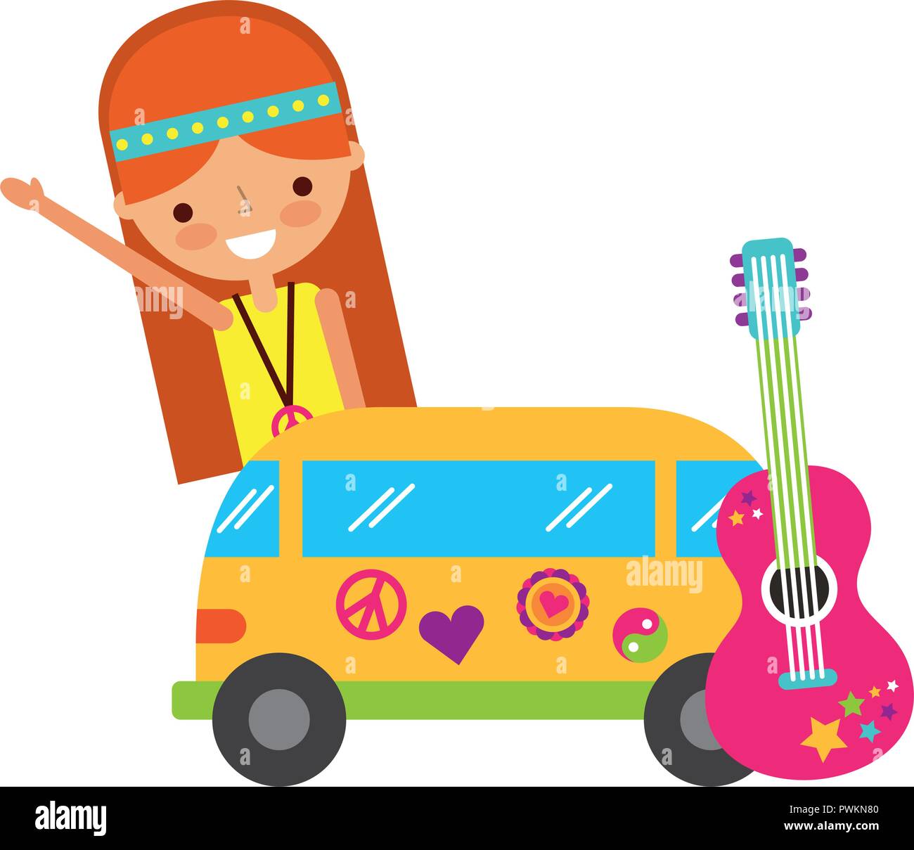hippie woman cartoon van and guitar vector illustration Stock Vector