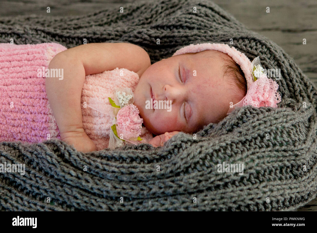 Sleeping newborn girl on a pink background.Photoshoot for the newborn
