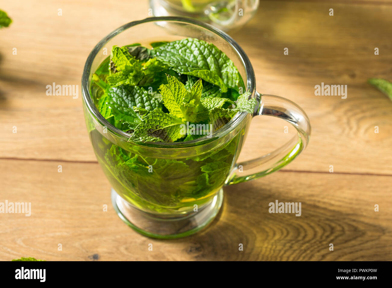 Homemade Hot Fresh Mint Tea in a Mug Stock Photo