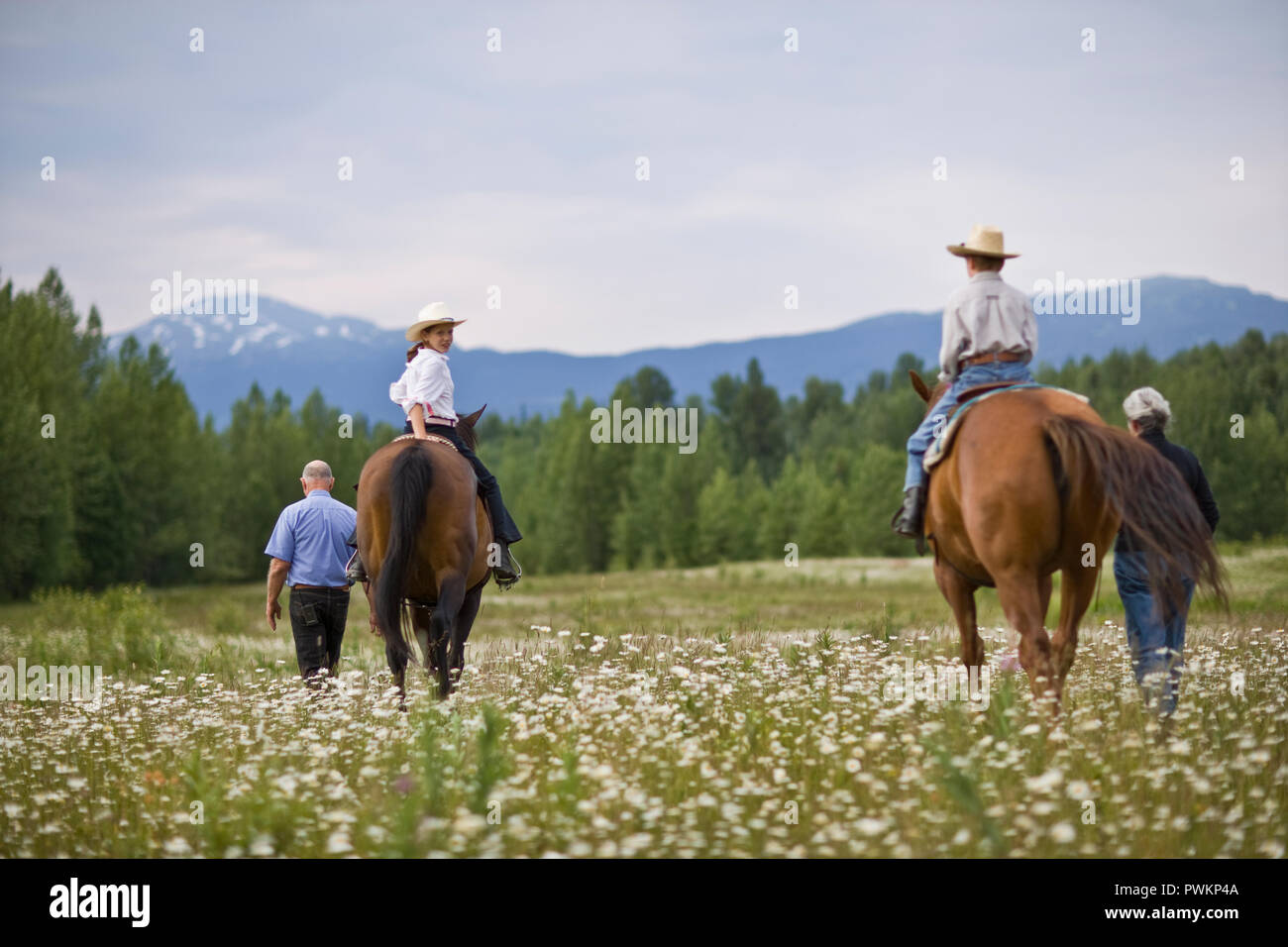 Grandparents leading horses ridden by grandchildren Stock Photo