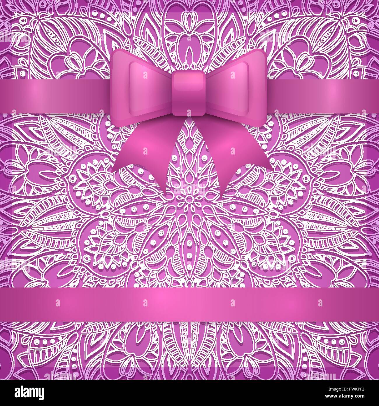 Purple vintage greeting card template with bow ribbon and laces. Vector ...