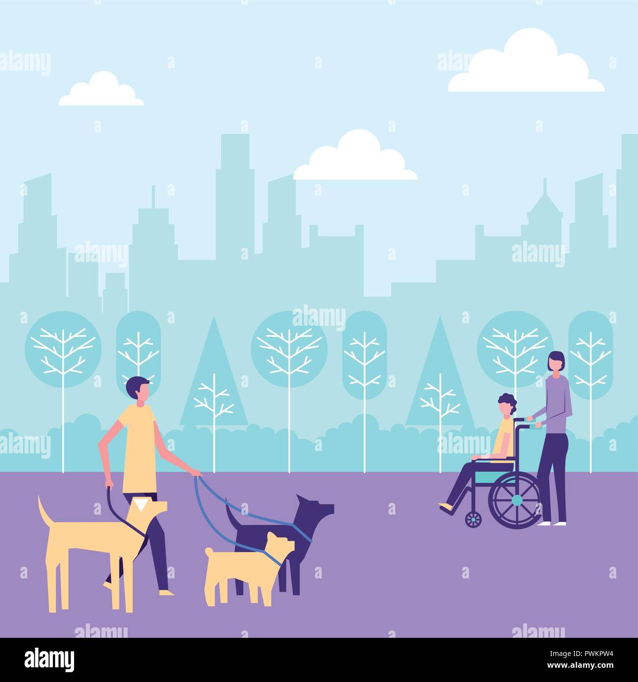 volunteers help city park dog walker woman carry wheelchair person