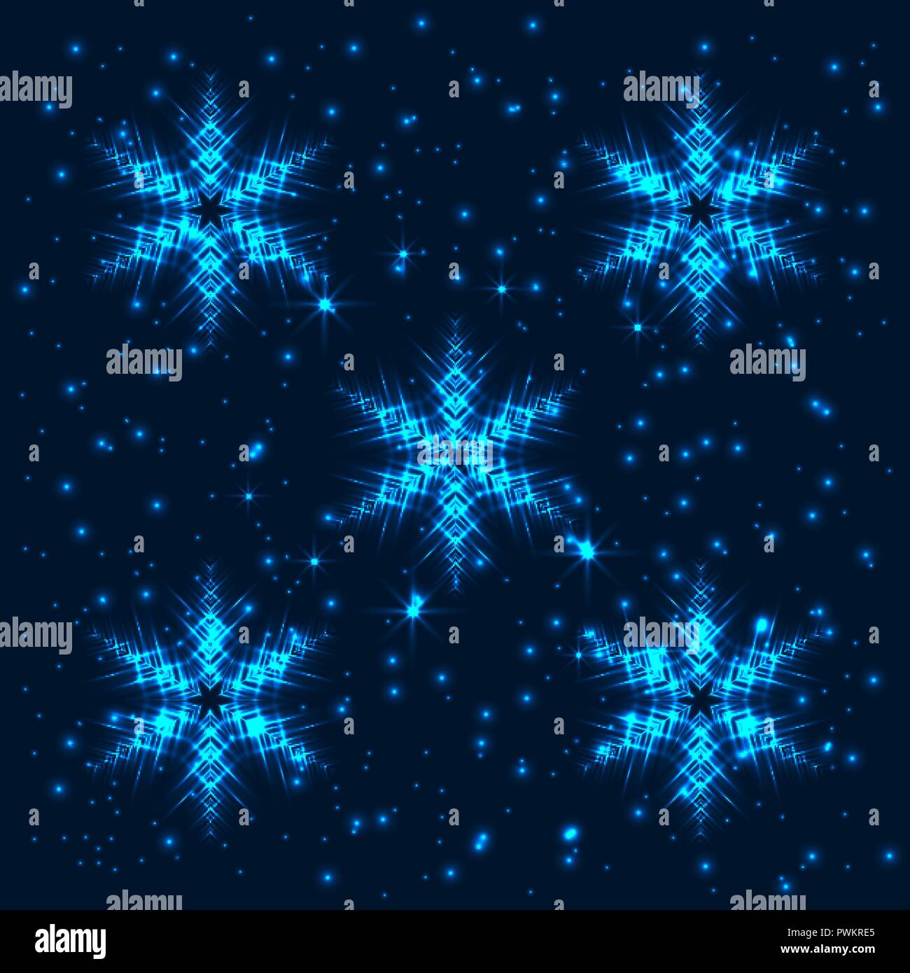 Bright, shining and glaring abstract background with 5 snowflakes.  Beautiful decorative cosmic stars on dark background. Amazing neon wallpaper  Stock Vector Image & Art - Alamy