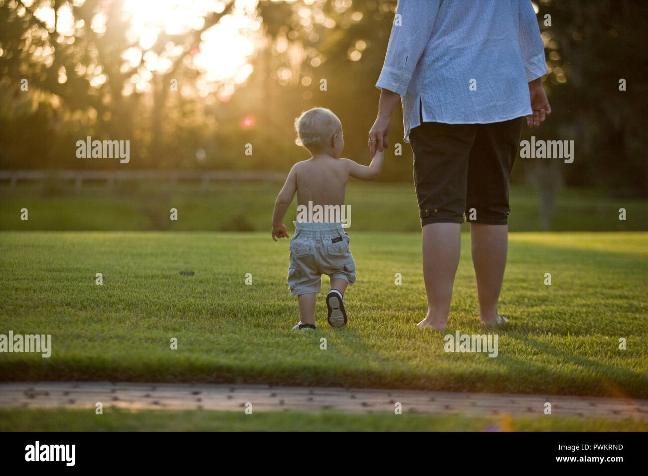 Young toddler holding hands with his father. Stock Photo