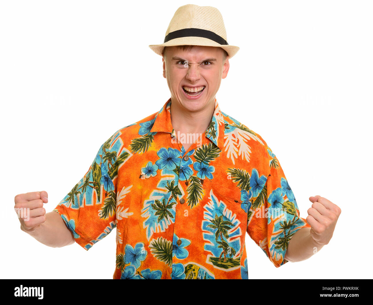 Young frustrated Caucasian tourist man looking angry Stock Photo