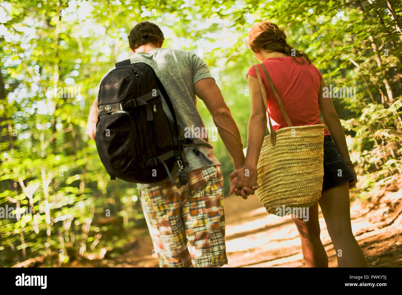 Rear view of couple holding hands while hiking in the forest Stock ...