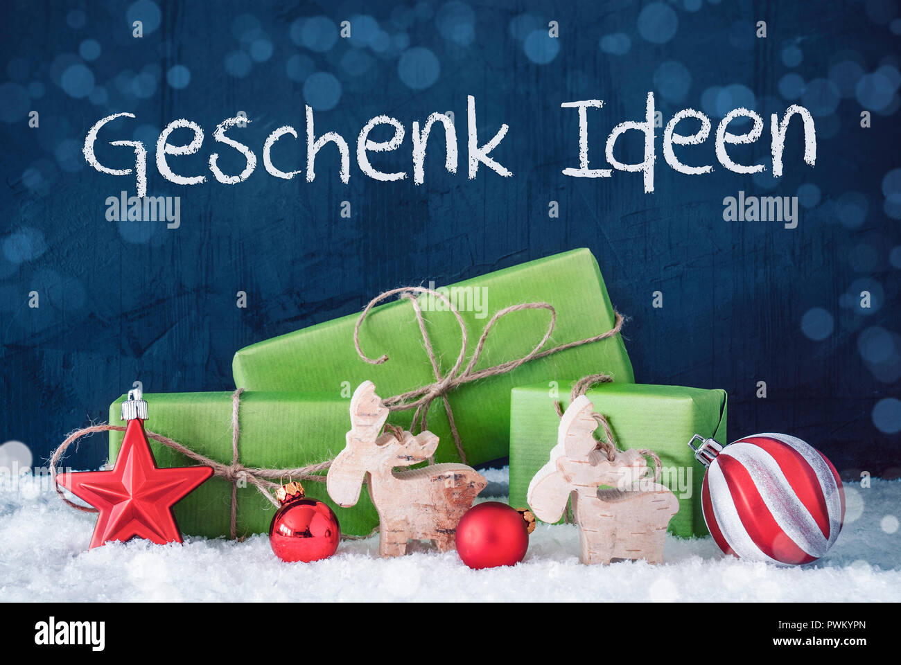 Green Christmas Presents, Snow, Geschenk Ideen Means Gift Idea Stock Photo