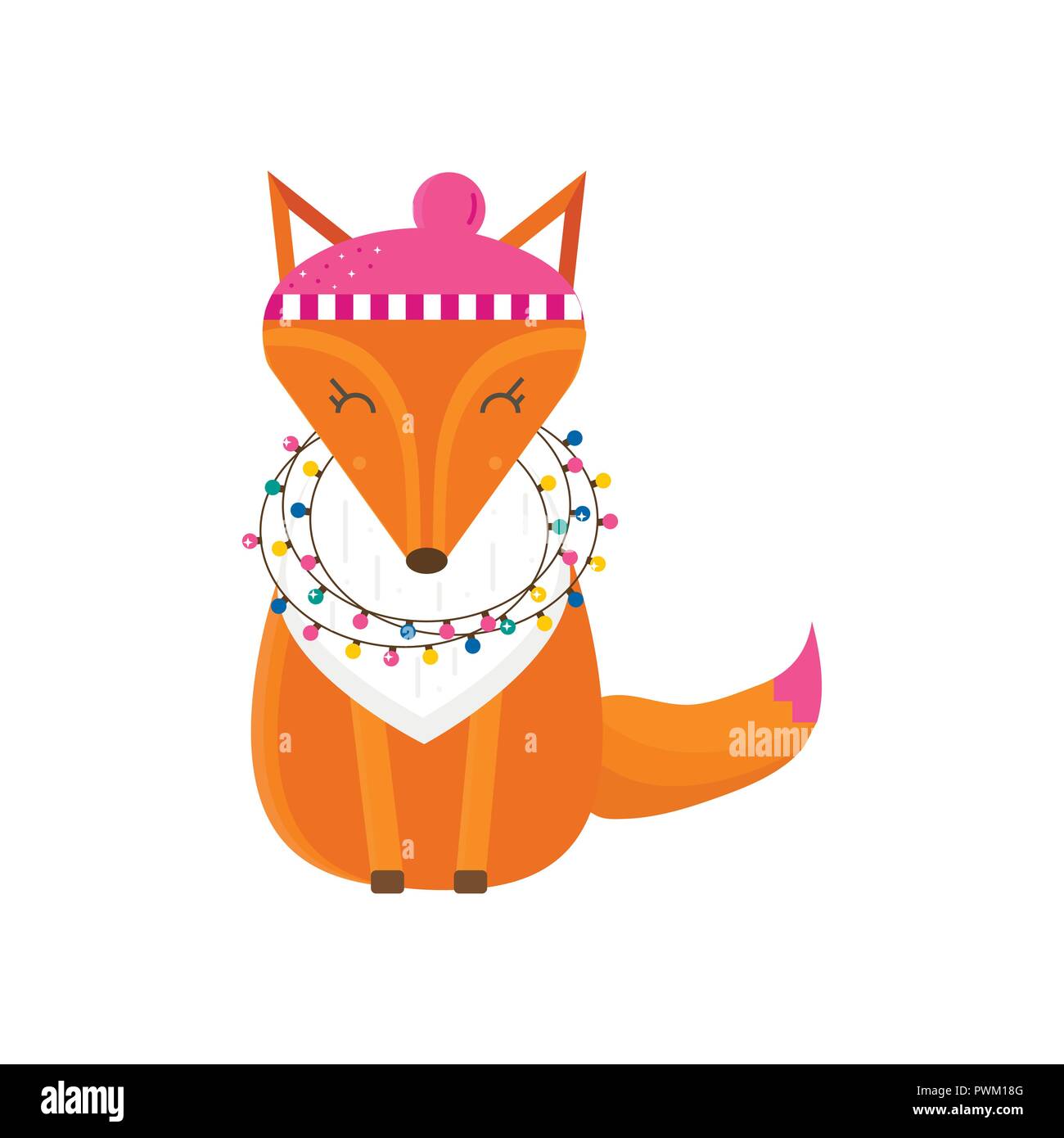 Merry Christmas greeting card with cute animals: fox with hat and scarf ...