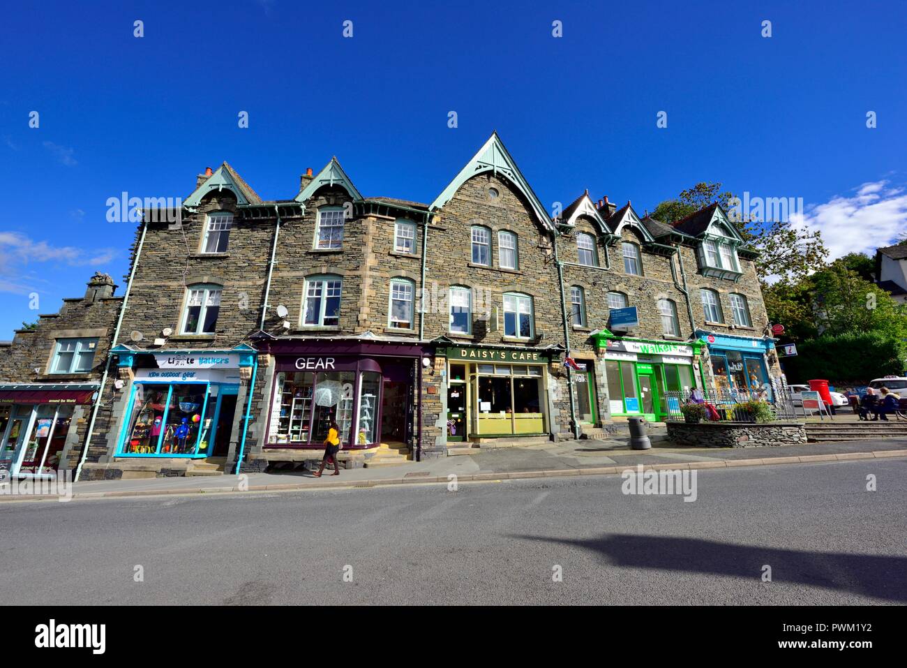 High street shops and cafe,Ambleside,Lake District,Cumbria,England,UK