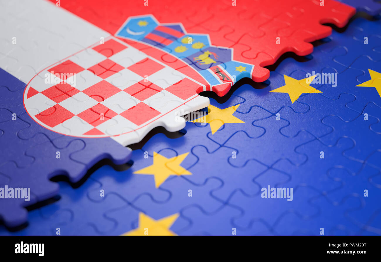 Flag of the Croatia and the European Union in the form of puzzle pieces in concept of politics and economic union. Stock Photo