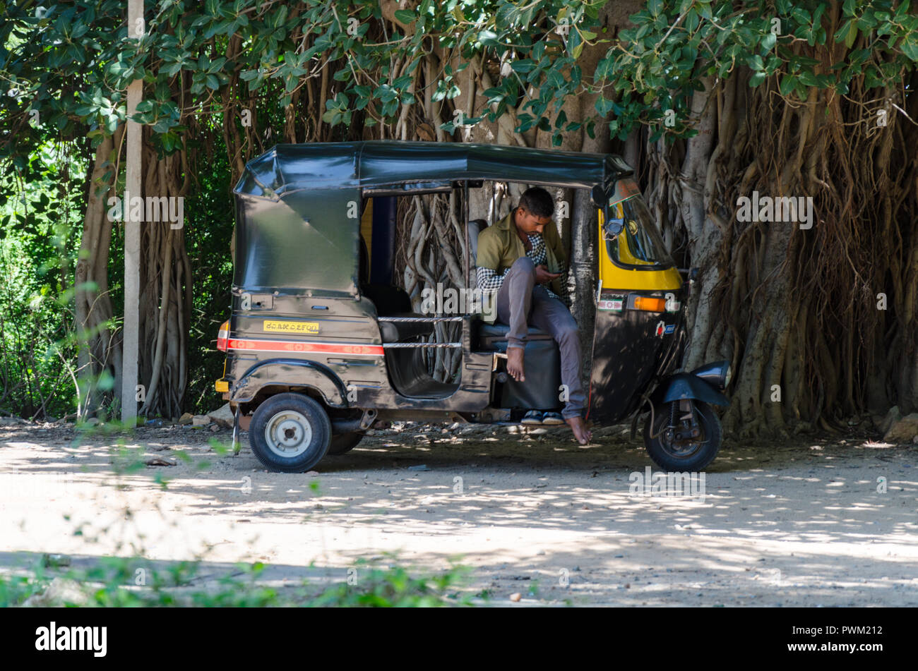 An auto rickshaw driver waiting for customers under the shade of banyan tree in Hampi, Karnataka, India. Stock Photo