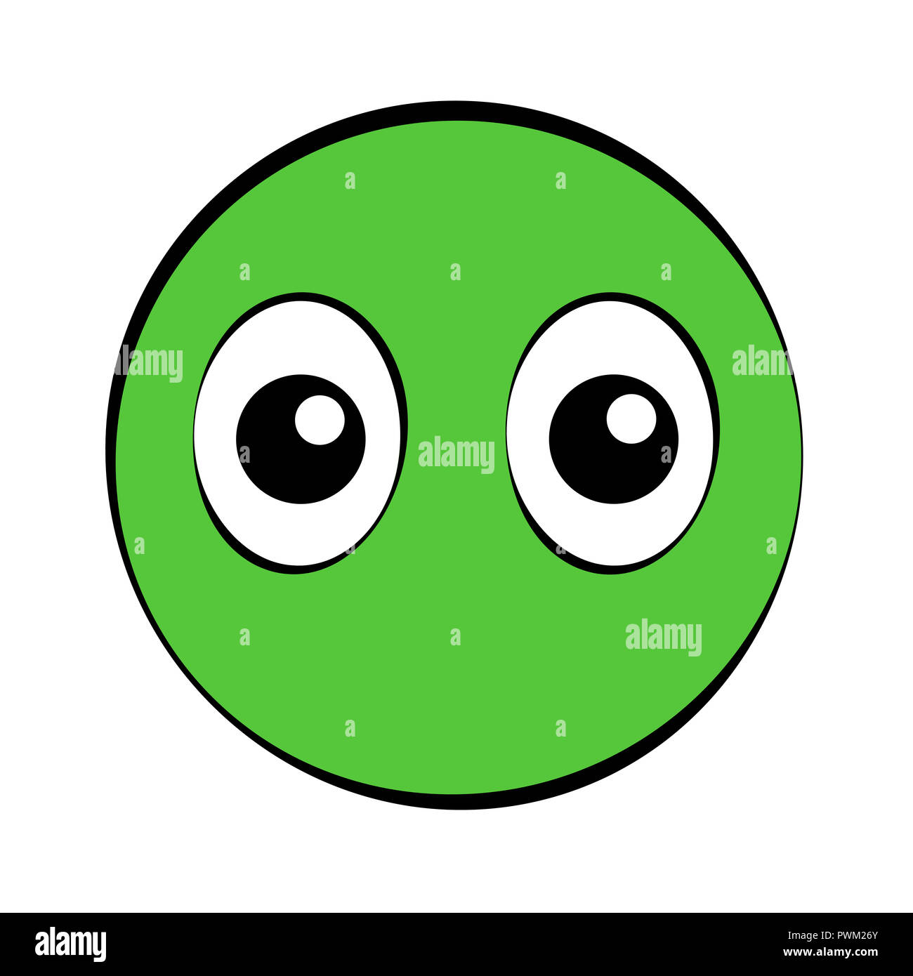 Round green comic face with big eyes. Simple illustration on white background. Stock Photo