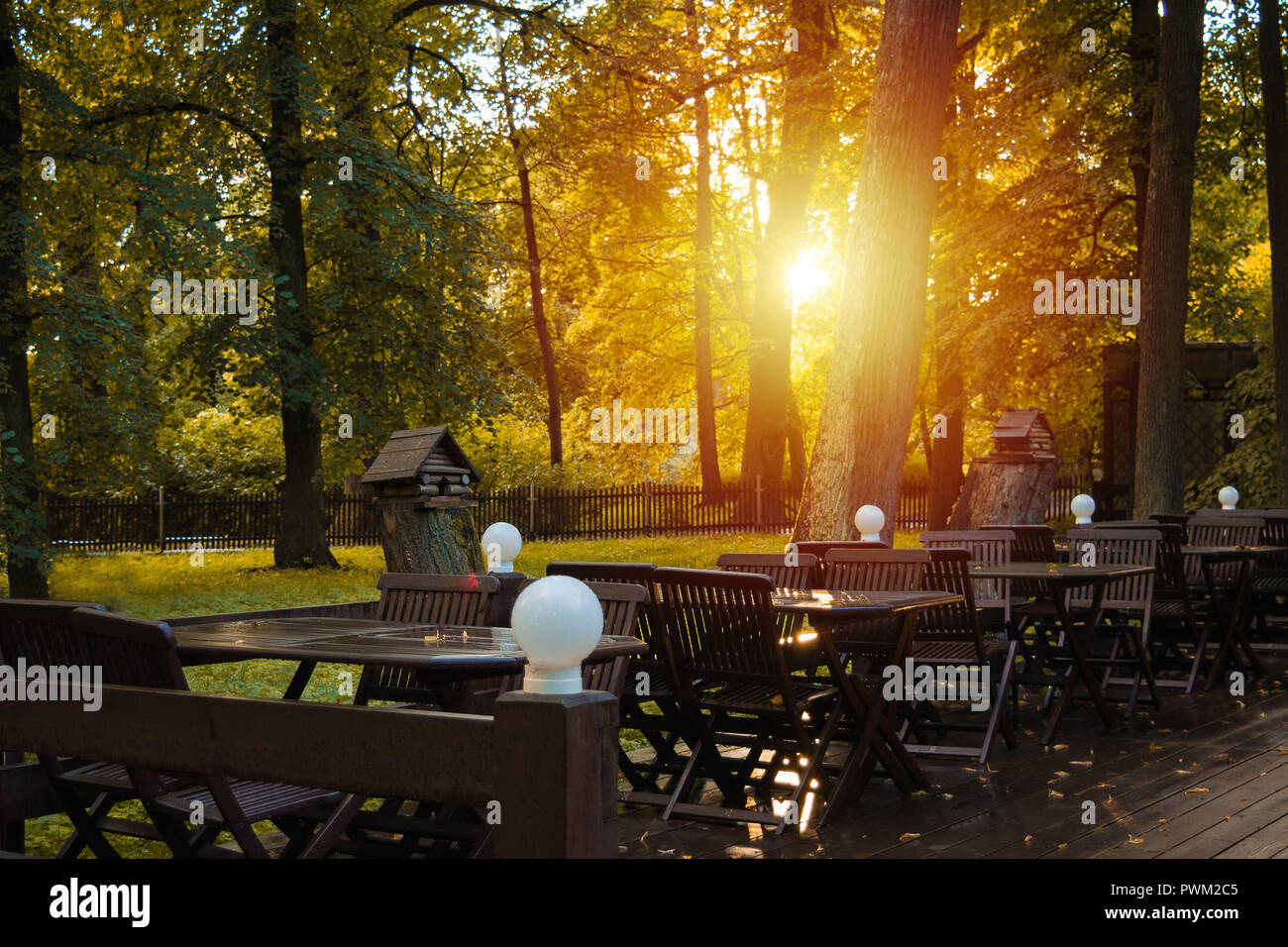 Sunny Day In Autumn Park Restaurant With Wooden Chairs And