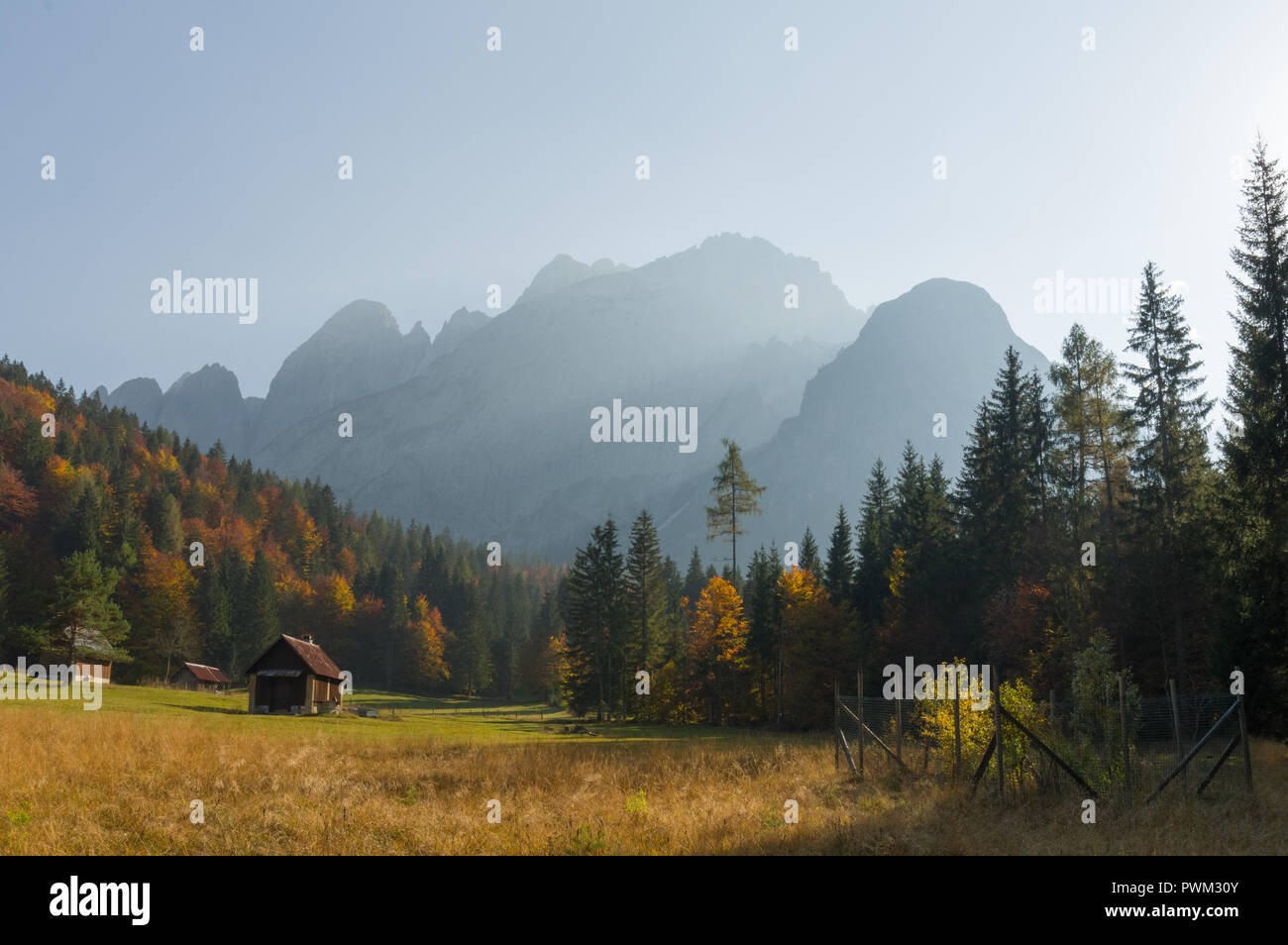 Autumnal view of Val Saisera valley in the north-east of Italy Stock Photo