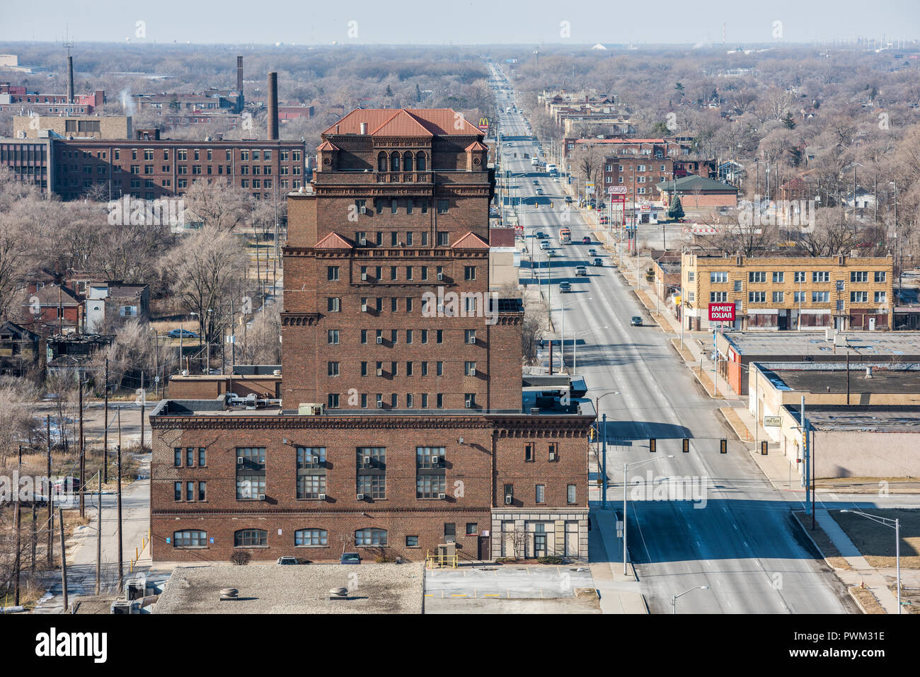 Aerial view of buildings in downtown Gary Stock Photo