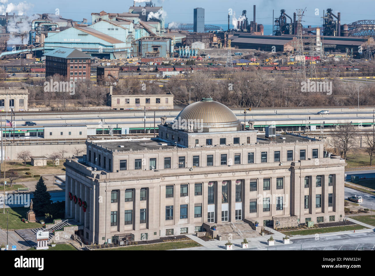 Aerial view of municipal building and steel mills in downtown Gary Stock Photo