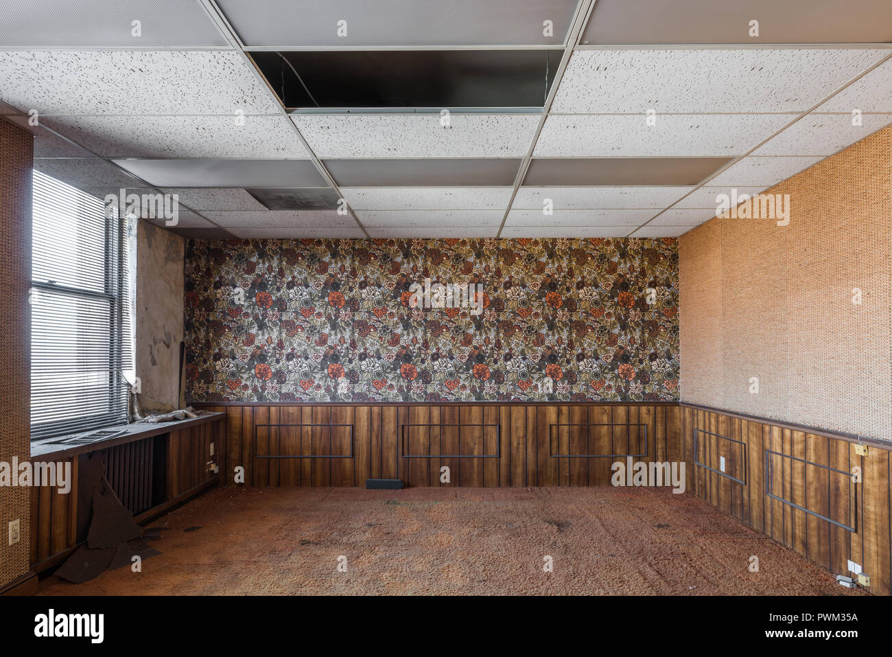 Disused and abandoned office space inside the Gary State Bank building
