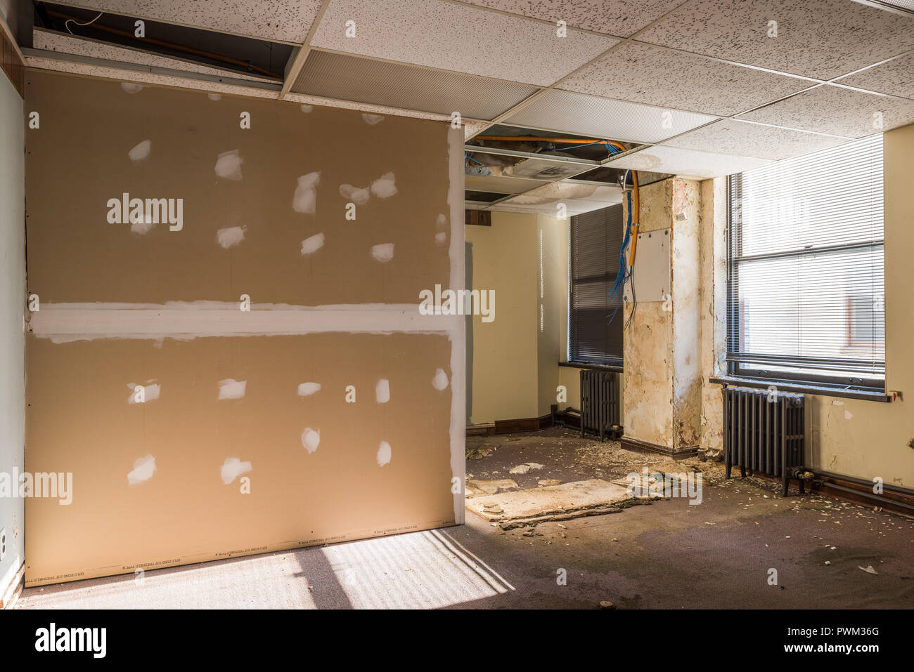 Disused and abandoned office space inside the Gary State Bank building