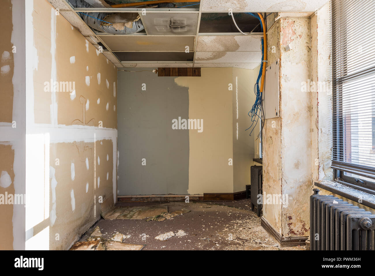 Disused and abandoned office space inside the Gary State Bank building