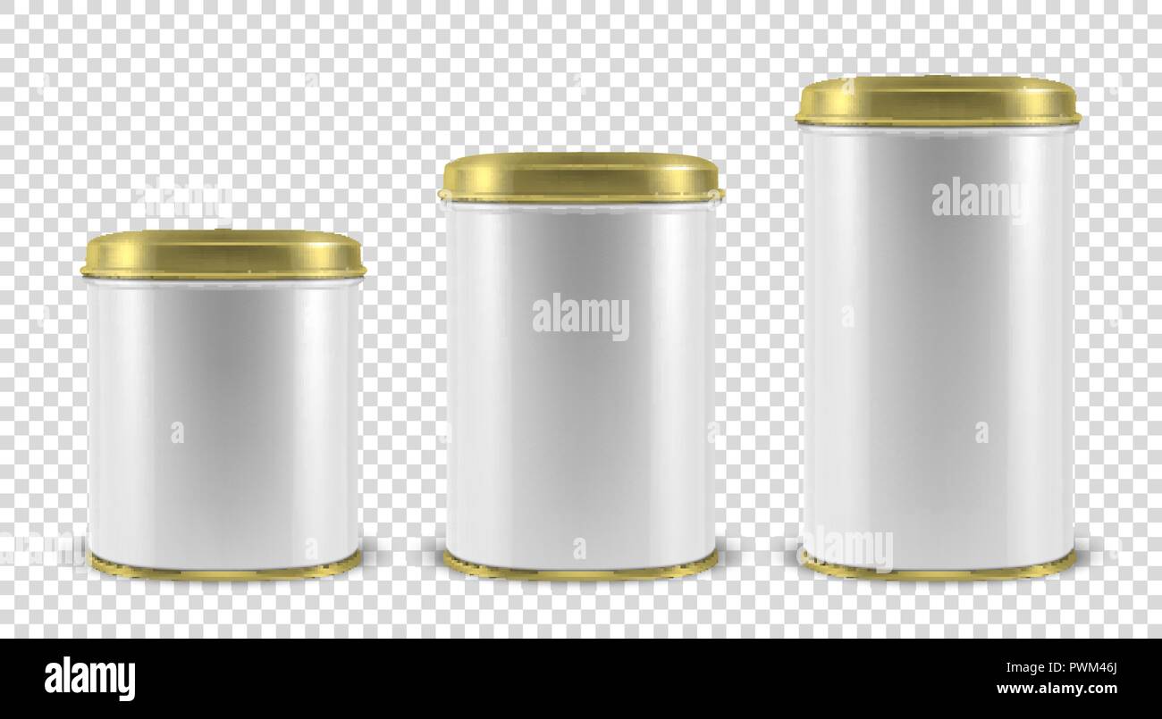 Download Vector Realistic 3d White Blank Metal Tin Can Container Set Closeup Isolated On Transparent Background Design Template For Packaging Baby Powder Milk Tea Coffee Cereal Etc Mockup Front View Stock Vector Image