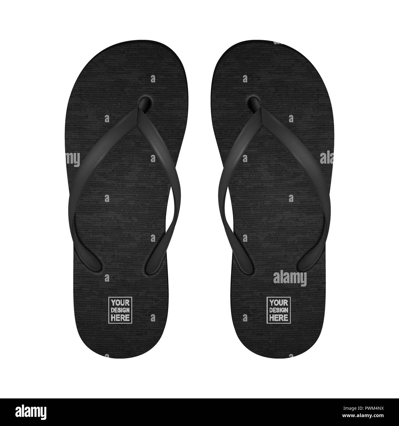 Vector Realistic 3d Black Blank Empty Flip Flop Set Closeup Isolated on White Background. Design Template of Summer Beach Holiday Flip Flops Pair For Advertise, Logo Print, Mockup. Front View Stock Vector