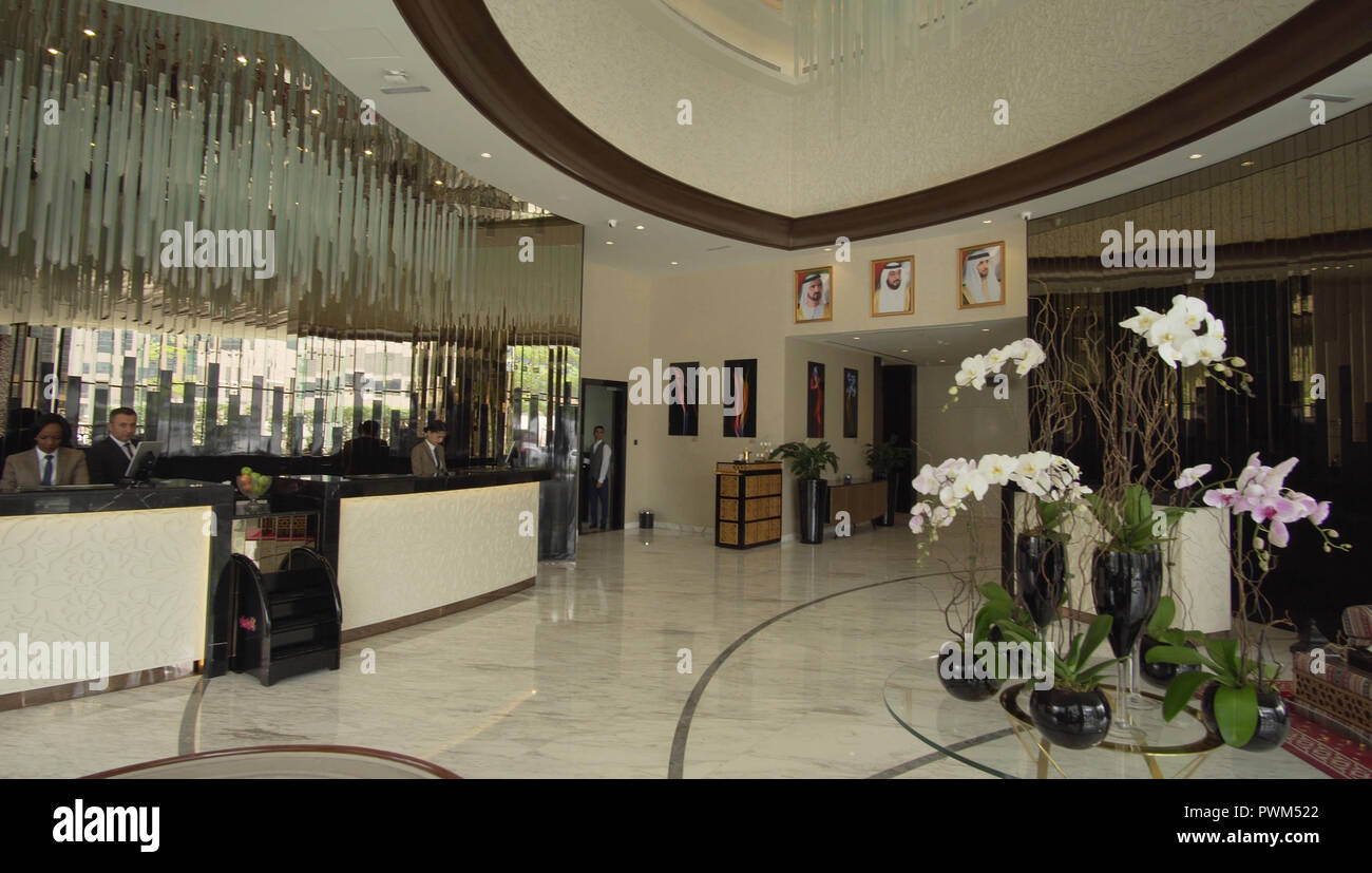 Lobby of the hotel Damac Maison Dubai Mall Street Stock Photo