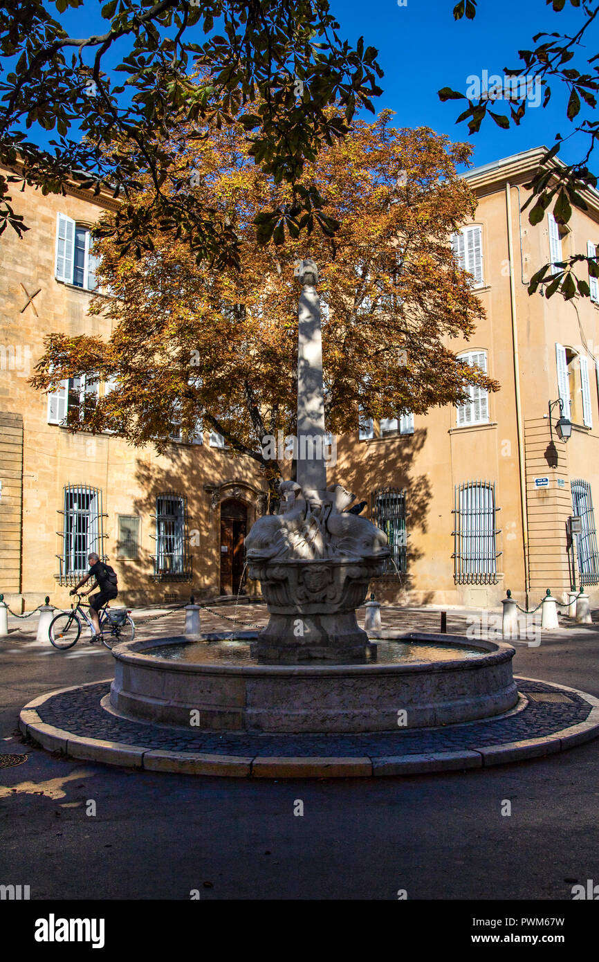 Fontaine des Quatre-Dauphins – this Fountain of the Four Dolphins, symbol of the Mazarin Quarter, was built in 1667 and originally called fontaine Sai Stock Photo