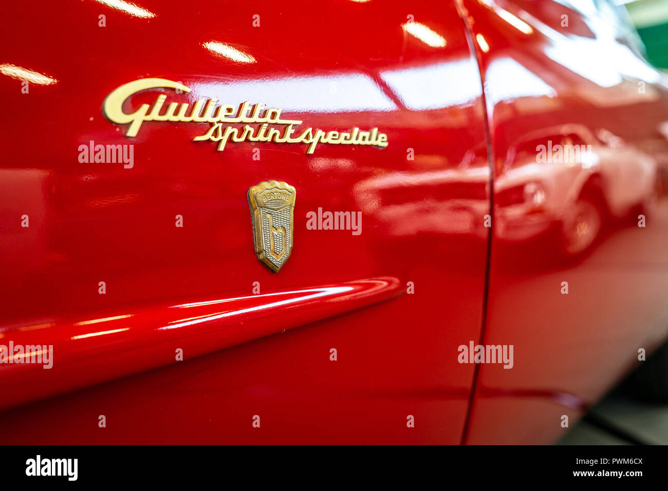 Emblem of sports car Alfa Romeo Giulietta Sprint Speciale. Rear view. Coachbuilder Bertone. Die Oldtimer Show 2018. Stock Photo