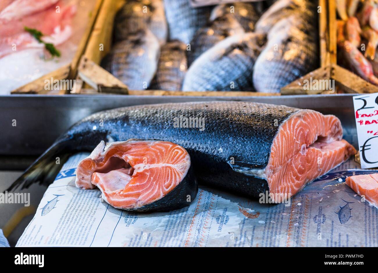 Fresh salmon at a fish market Stock Photo Alamy
