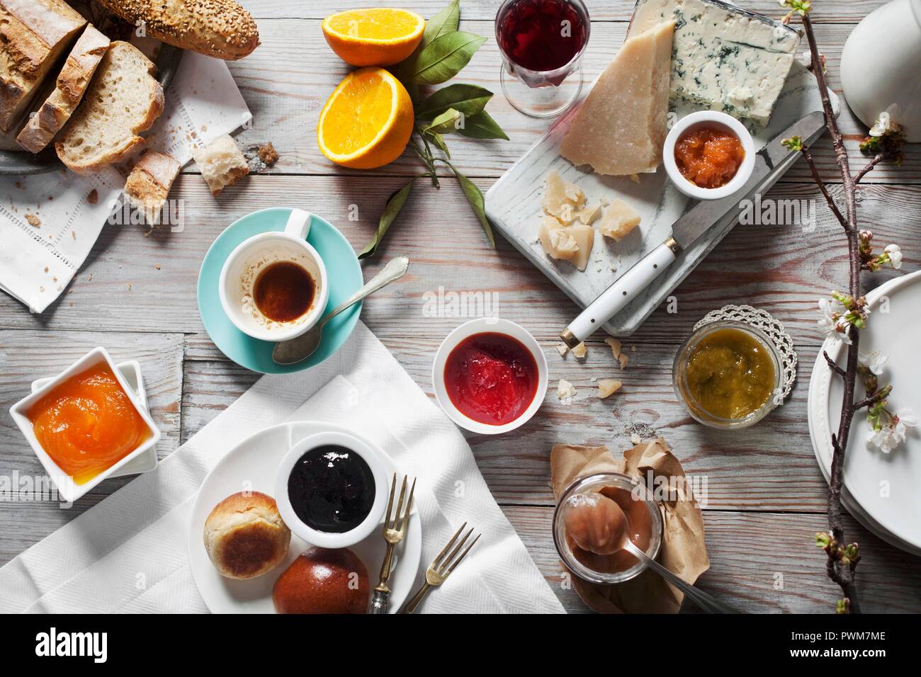 Various types of jam and jellies with cheese and bread Stock Photo Alamy