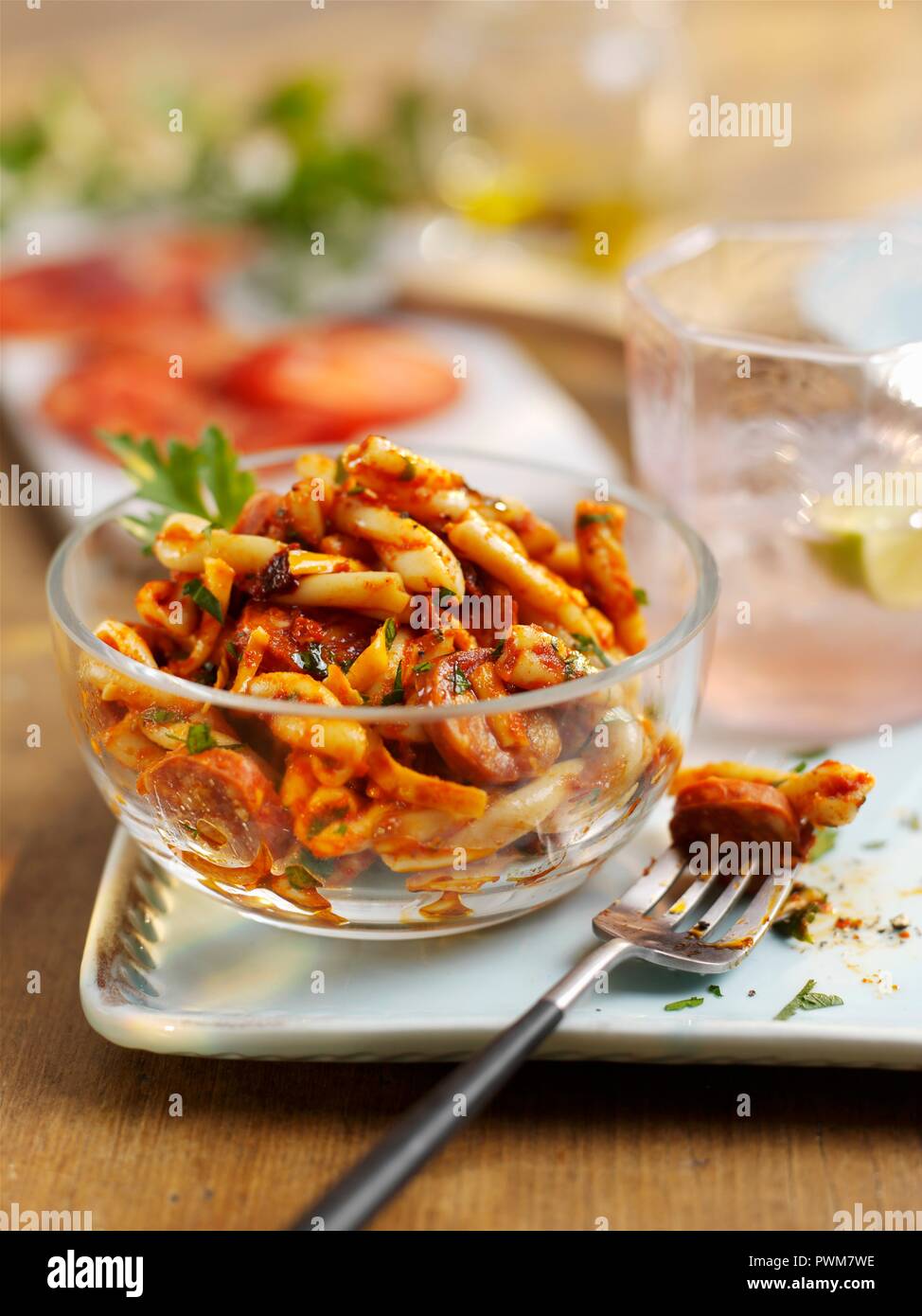 Pasta salad with chorizo and manchego cheese Stock Photo Alamy