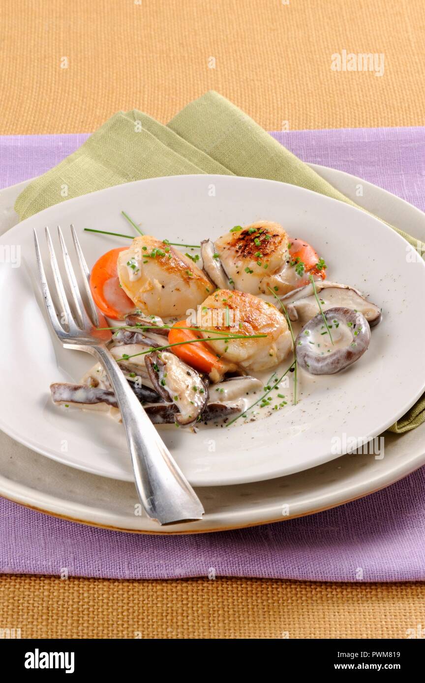 Scallops with a creamy mushroom sauce Stock Photo Alamy
