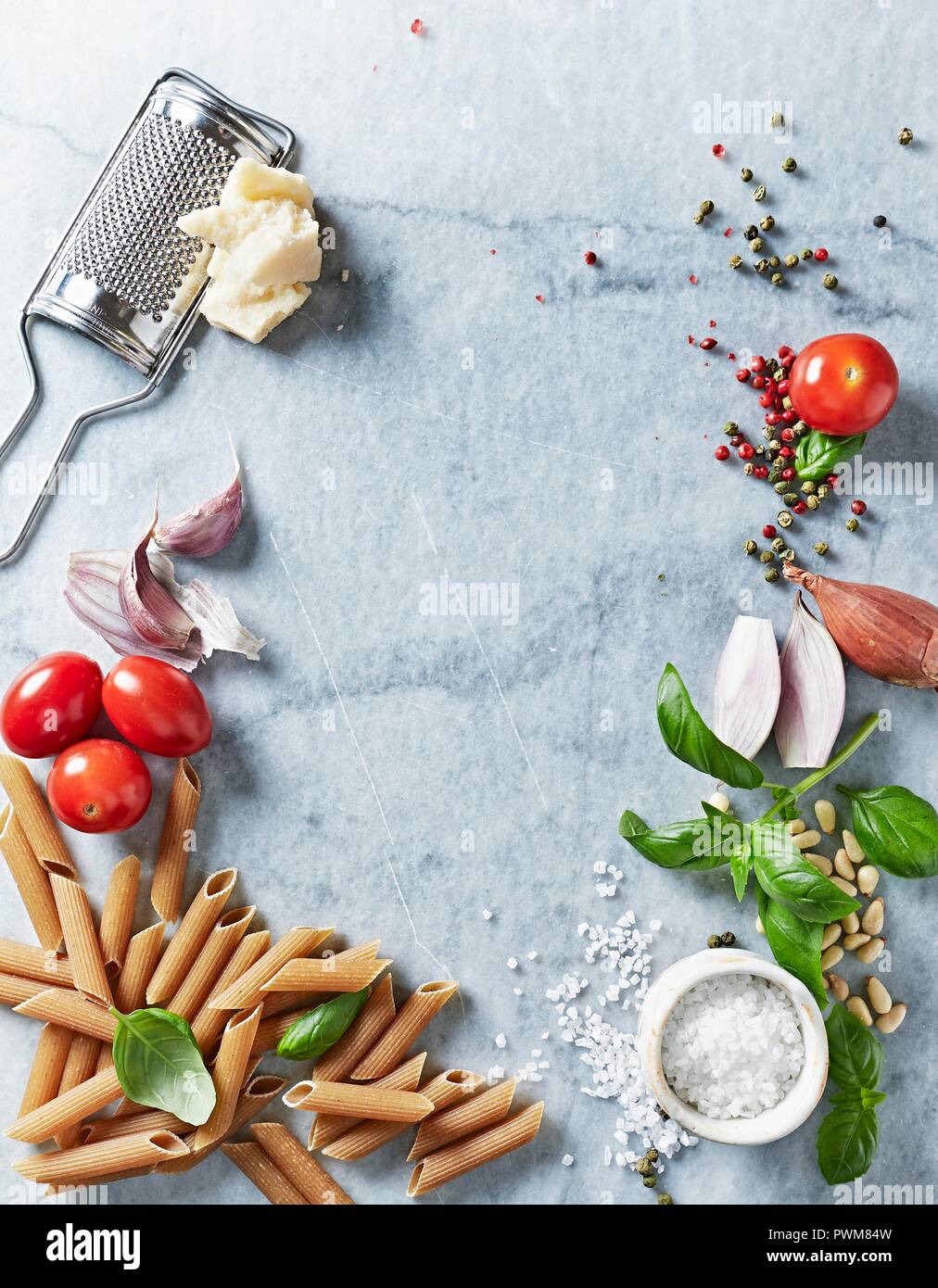 An arrangement of assorted ingredients for pasta dishes (from above) Stock Photo