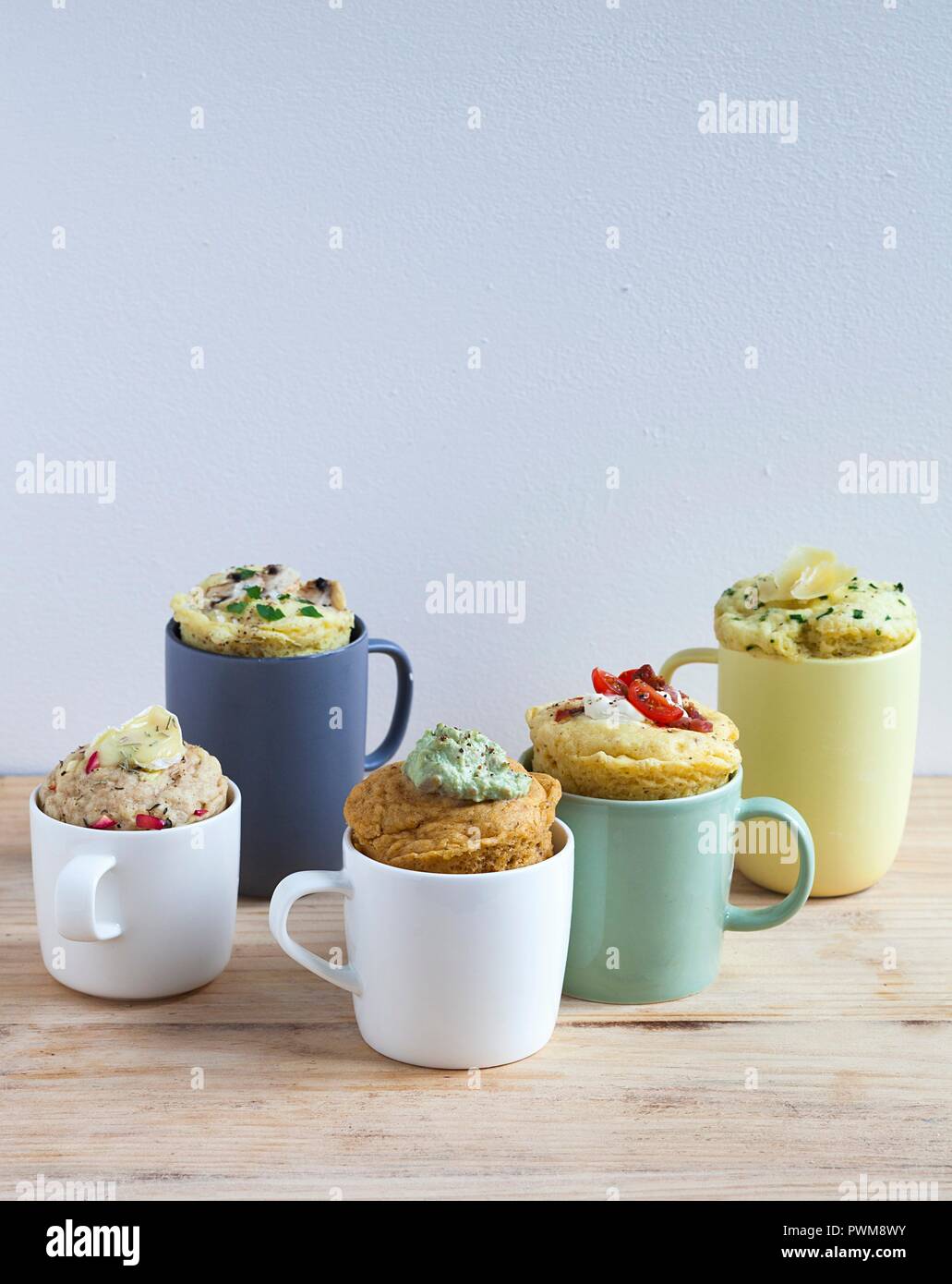 Five different savoury mug cakes Stock Photo