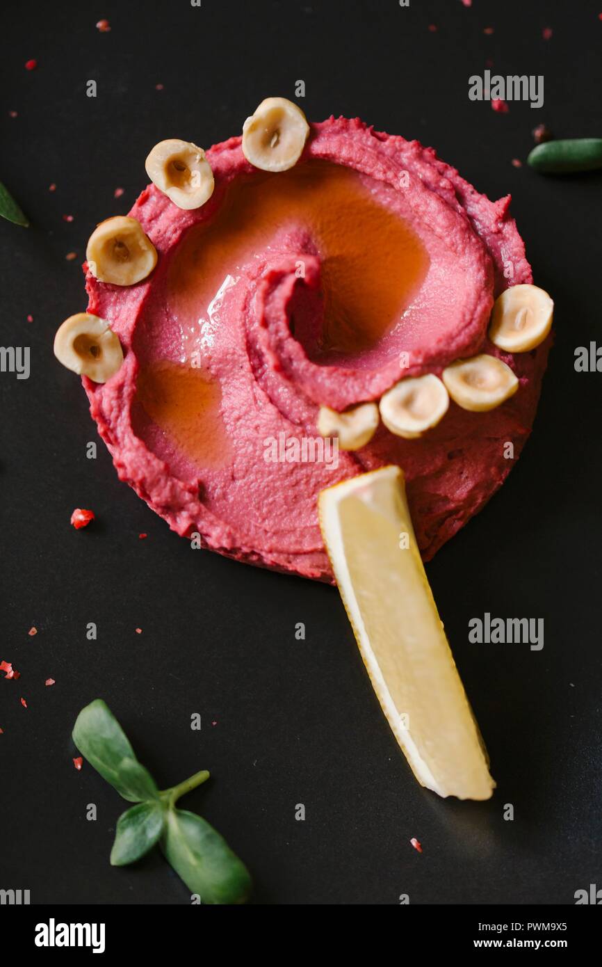 Beetroot hummus with chickpeas Stock Photo