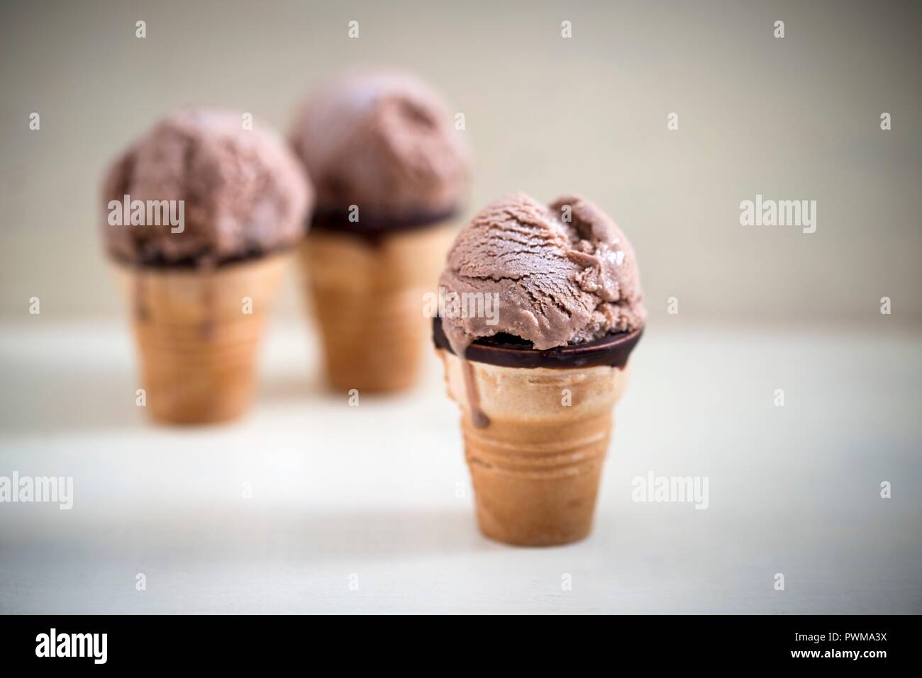 Chocolate ice cream in waffle cups (vegan) Stock Photo