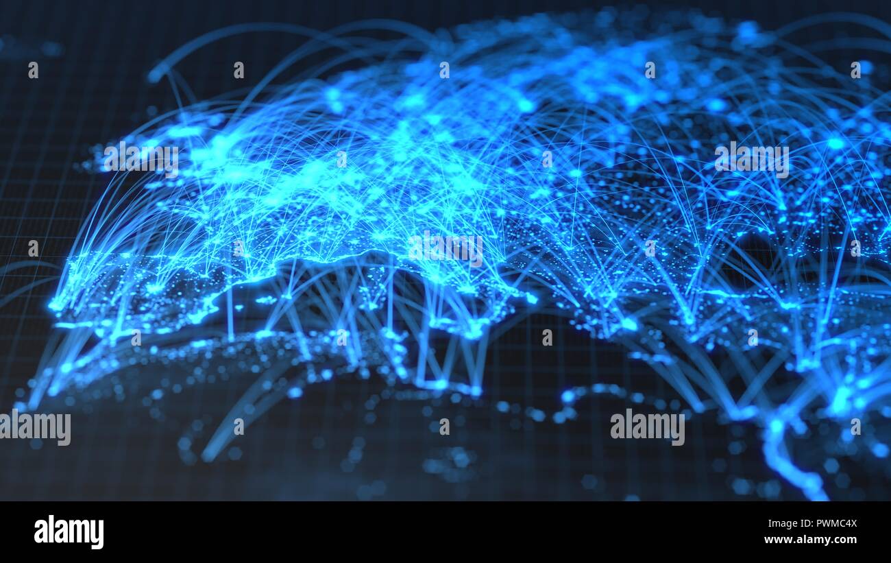 glowing city and human population density areas with bouncy line connections between them. 3d illustration Stock Photo