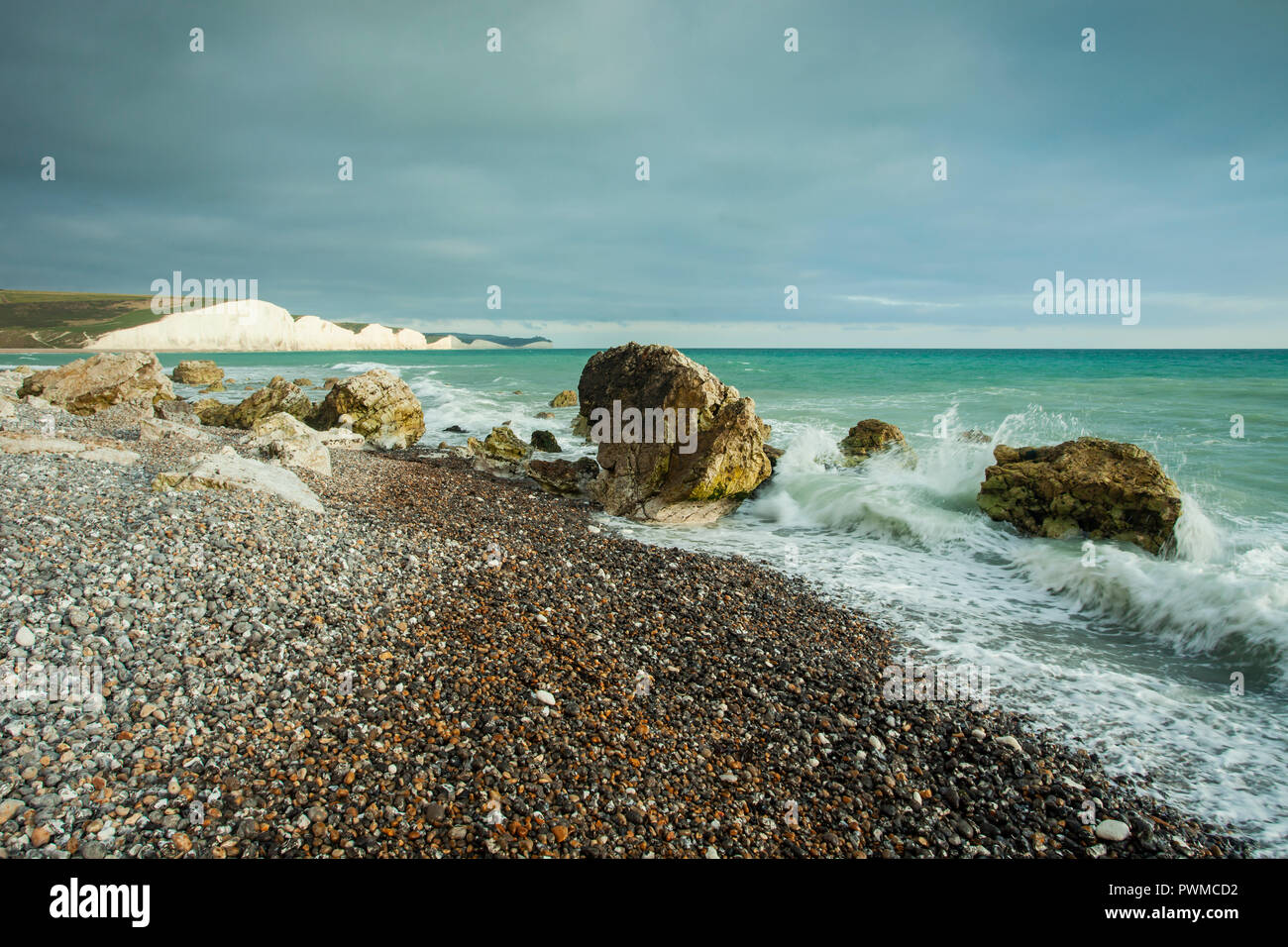 Afternoon at the cliffs of Seven Sisters on the coast of East Sussex, England. Stock Photo
