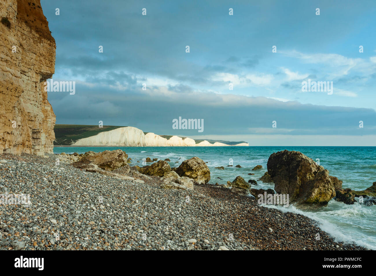 Autumn afternoon at Seaford Head, East Sussex. Seven Sisters cliffs in the distance. Stock Photo