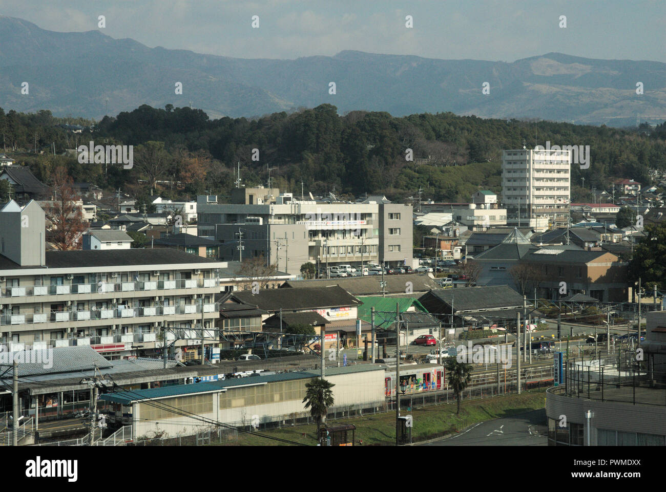 Downtown Ōzu, showing the train station, Kumamoto Prefecture, Kyushu, Japan Stock Photo