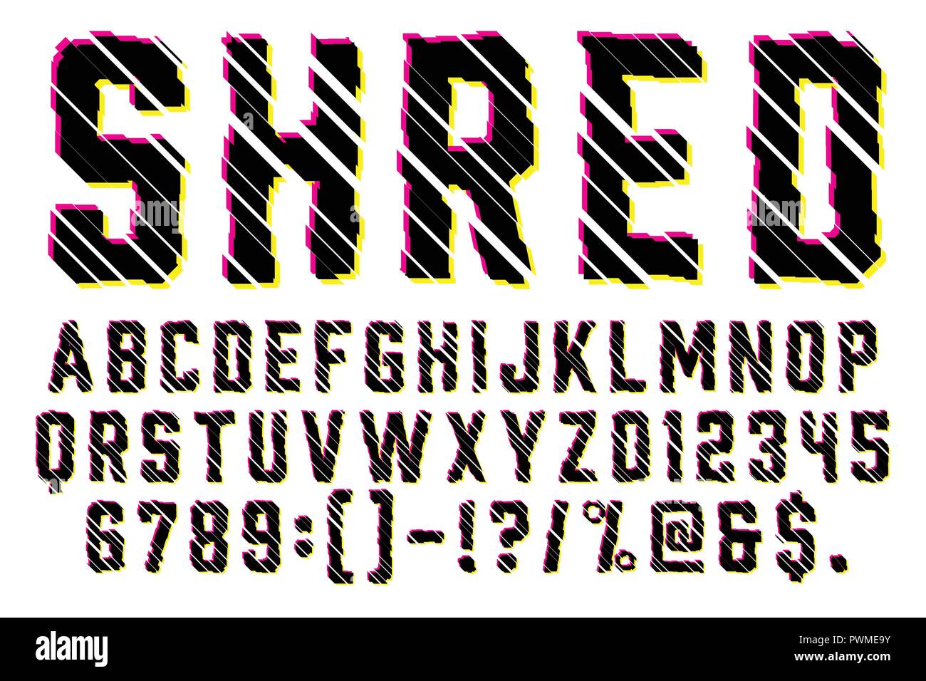 Trendy Distorted Glitch Font Typeface Letters, Numbers and Symbols Vector Illustration Stock Vector