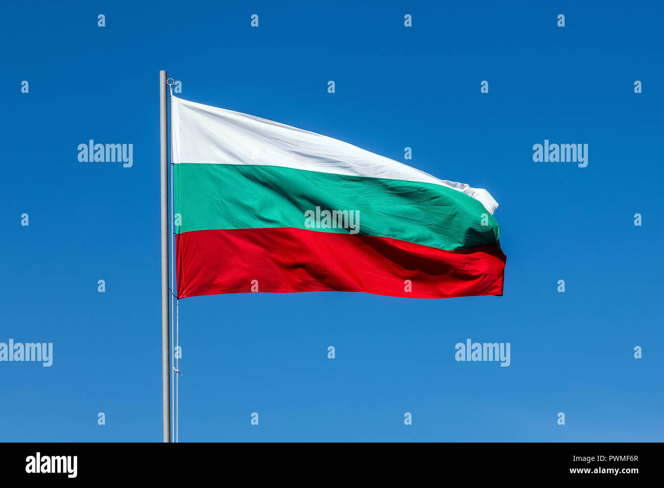 Bulgarian flag against the sky, photo with space for text Stock Photo